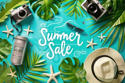 Creative summer sale banner with beach, tropical leaves, hat, sunglasses, camera.