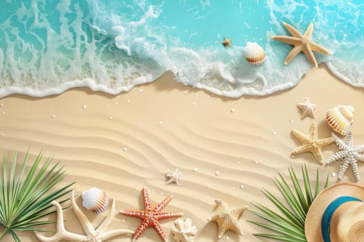 Top view sand beach background with beach vacation symbols. Generative AI.