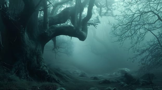 ethereal beauty of an old, mist-covered forest with gnarled trees and a mysterious path, evoking a sense of magic and solitude - Halloween background - Generative AI