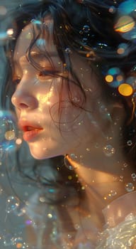 A closeup of a womans jawline and eyelashes in the water, surrounded by bubbles. Its like a scene from a dark, fictional story or art piece