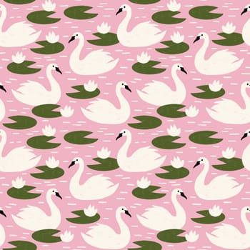 Hand drawn seamless pattern with white swans birds green water lily pond lake. Pink purple nature springtime summer garden, colorful kids nirsery children print, doodle crayon style wildlife