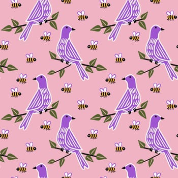 Hand drawn seamless pattern with purple birds on branches and bees. Pink purple nature springtime summer garden, colorful kids nirsery children print, doodle crayon style wildlife