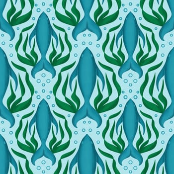 Hand drawn seamless pattern with blue fish green seaweed algae. Elegant victorian marine nautical under the sea ocean print, nature ecology design, lake kelp aquatic botanical