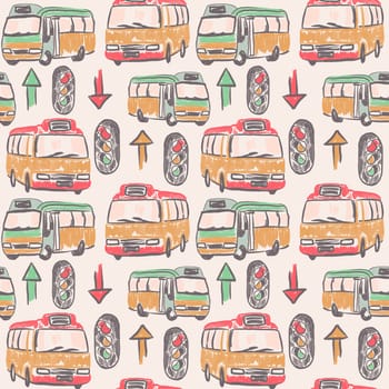 Hand drawn seamless vintage pattern with buses traffic light public transport. Retro asian hong kong cars automobile graphic doodle yellow beige red print, trendy decorative fabric vehicle cartoon