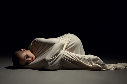 Studio photo of mentally ill woman in straitjacket, on grey background