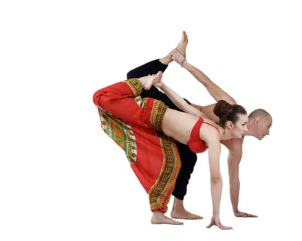 Paired yoga training of man and woman, isolated on white