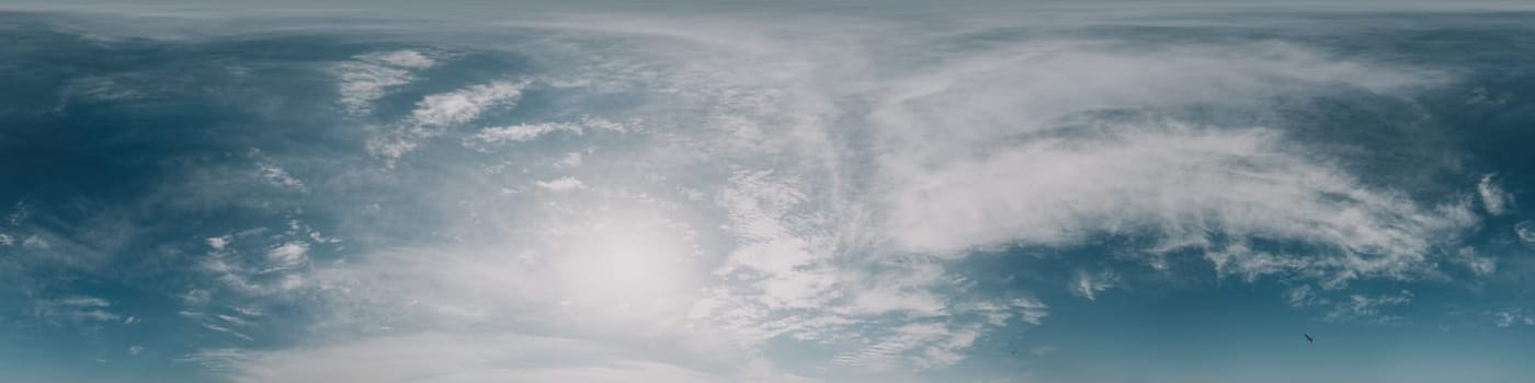 Dark blue sunset sky panorama with pink Cumulus clouds. Seamless hdr 360 pano in spherical equirectangular format. Full zenith for 3D visualization, game, sky replacement for aerial drone panoramas