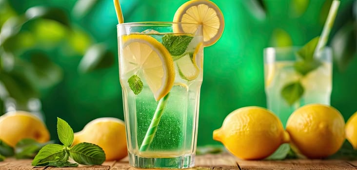 Lemonade, wooden surface, green background: Served chilled, natural light enhancing freshness, evokes sense of summer refreshment.