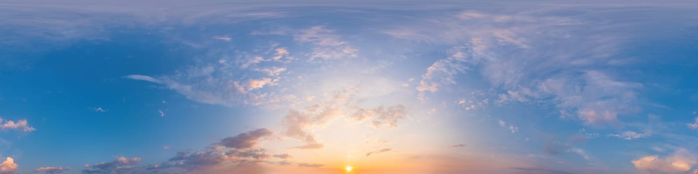 Dark blue sunset sky panorama with pink Cumulus clouds. Seamless hdr 360 pano in spherical equirectangular format. Full zenith for 3D visualization, game, sky replacement for aerial drone panoramas