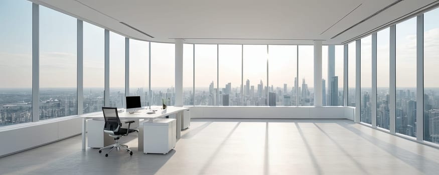 Empty office, high-rise building, city skyline view