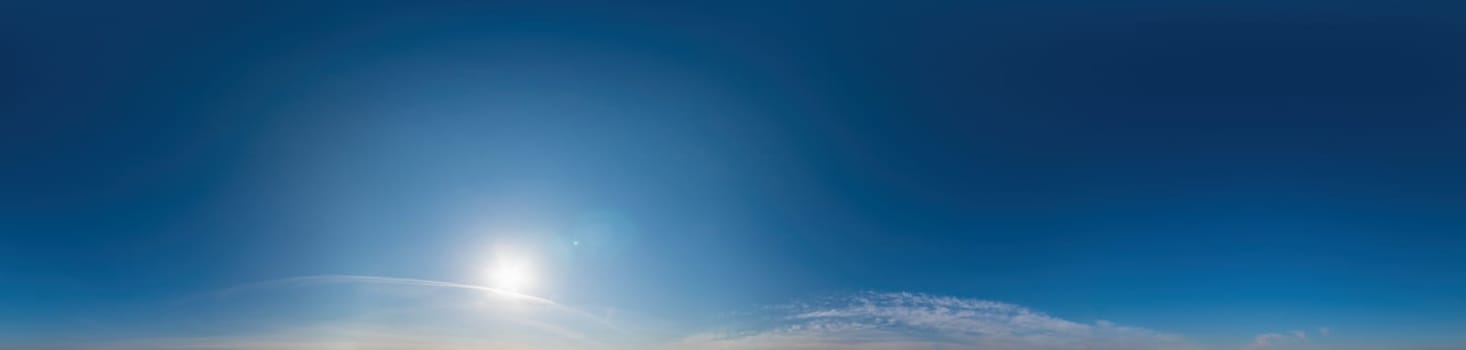 Blue sky with Cirrus clouds Seamless panorama in spherical equirectangular format. Complete zenith for use in 3D graphics, game and for composites in aerial drone 360 degree panoramas as a sky dome.