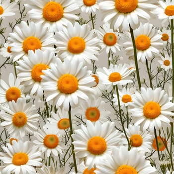 A Lot Of White Yellow Daisies or chamomile flowers - for full-frame background and seamless texture. Neural network generated image. Not based on any actual scene or pattern.