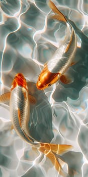 Two goldfish gracefully swim in their underwater habitat. The fluid environment surrounds them as they navigate with their fins, showcasing the beauty of marine biology