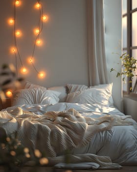 A cozy bed with a wooden bed frame is the focal point in the bedroom, complemented by a string of lights hanging from the ceiling for added ambiance