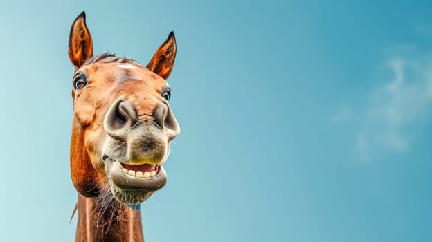 Close-up of a playful horse showing teeth in a humorous smile, set against a clear blue sky