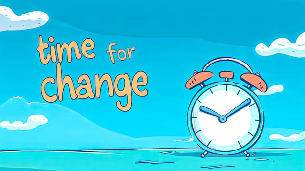 Vibrant illustration depicting an alarm clock with the text time for change against a whimsical blue background