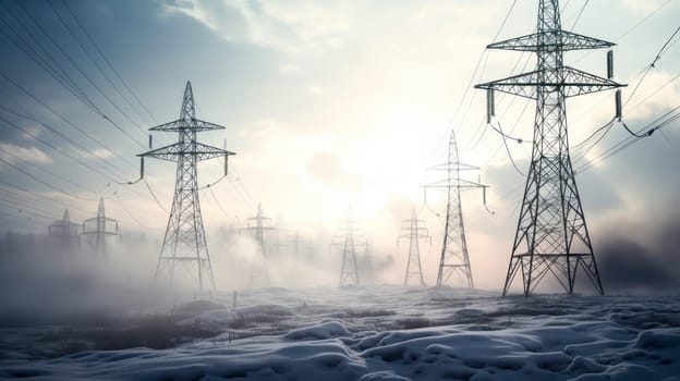 High voltage electrical line. High voltage power transmission tower against a background of blue sky and sun. Electric current runs through wires