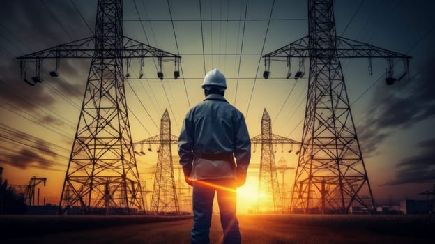 A male electrical engineer is working, checking the service, fuse of the main electrical circuit and the power system. High voltage electrical line. High voltage power transmission tower. Electric current runs through wires.