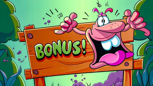 Vibrant illustration of an excited cartoon character holding a bonus! sign, perfect for promotions