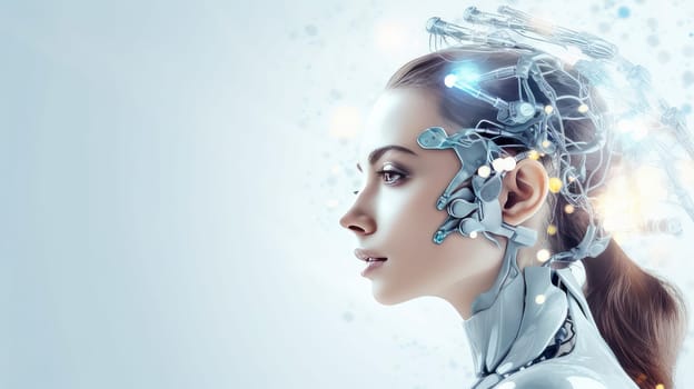 Girl woman connected neural networks with AI on a white background. confrontation between humanity and artificial intelligence. Big data transmission protocol system. Robotics or artificial intelligence connecting human interaction. Chatbot Software