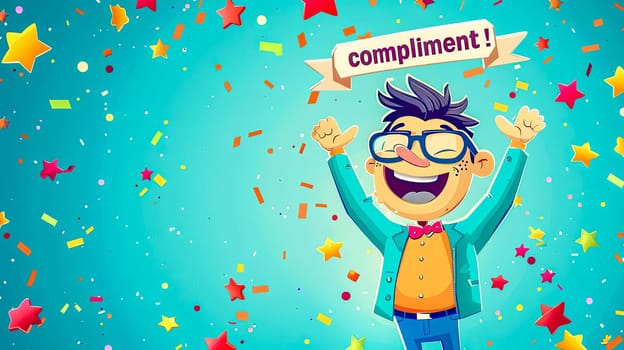 Animated male character with glasses exuberantly celebrating, surrounded by colorful confetti and a compliment banner