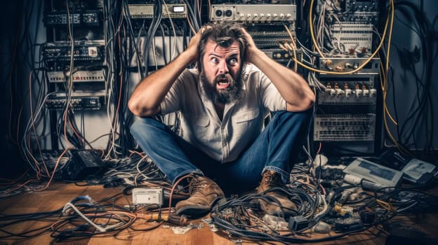 A male electrician is working in horror and fright and is entangled in a huge number of electrical wires, the fuse of the main electrical circuit and the power system. Electric current runs through wires.