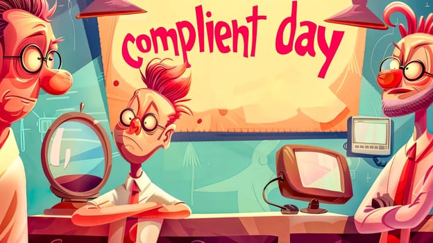Colorful cartoon illustration of an office scene on compliment day, with two characters reacting