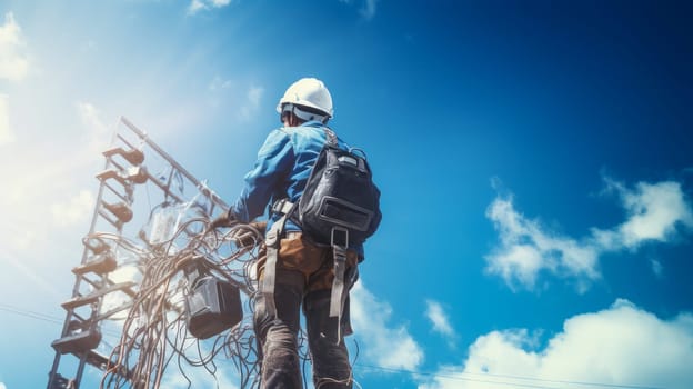 A male electrician is working, checking the service, the fuse of the main electrical circuit and the power system. High voltage electrical line. High voltage power transmission tower against a blue sky. Electric current runs through wires.
