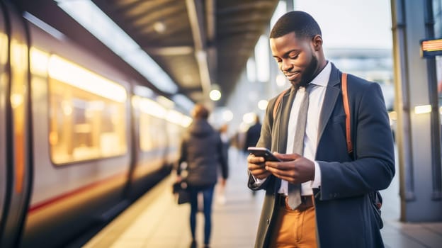 Afro-skinned businessman man in a suit with a smartphone in his hands at the railway station near a high-speed train. Business trip, travel by rail, tourism and recreation