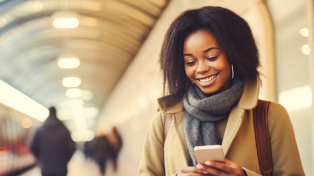 Afro-skinned woman with curly hair in a coat with a smartphone in her hands at the railway station near a high-speed train. Business trip, travel by rail, tourism and recreation