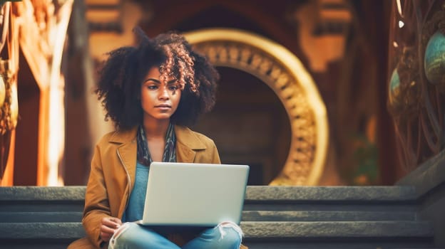 A young Afro-black student with curly hair in a jacket with a laptop in her hands sits on the steps of the university. Studying at an institute, university college, distance learning the opportunity to study in another country, international exchange