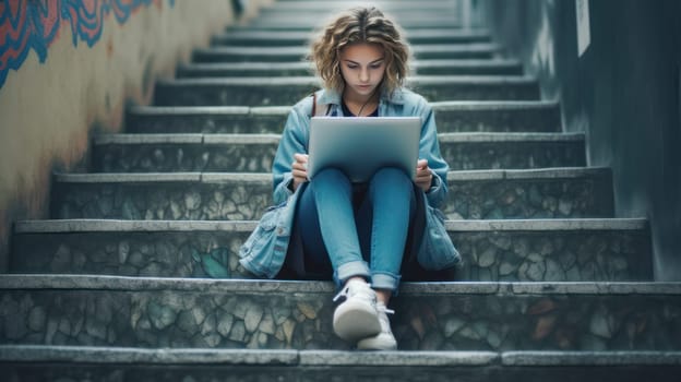 A passionate and interested young female student in a jacket with a laptop in her hands sits on the steps of the university. Studying institute, university college distance learning, the opportunity to study in another country, international exchange