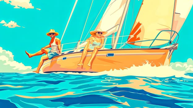 Vibrant illustration of two friends enjoying a leisurely sail on a breezy, sunlit day
