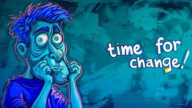 Colorful illustration of a surprised cartoon man with time for change text, symbolizing anticipation