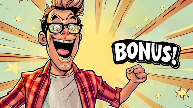 Vibrant cartoon illustration of a euphoric young man exclaiming bonus! with a joyful expression