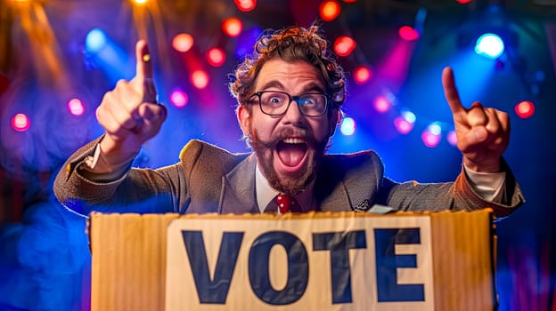 Overjoyed man with glasses cheers behind a vote placard at a colorful political event