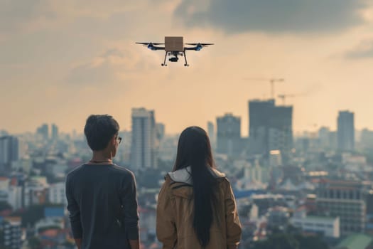 Two people are standing on a sidewalk, looking up at a drone flying overhead. The drone is carrying a box, and the people seem to be watching it with interest. The scene has a sense of curiosity