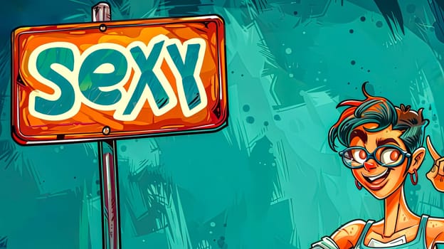 Colorful cartoon of a stylish person posing near a 'sexy' sign with a vibrant background