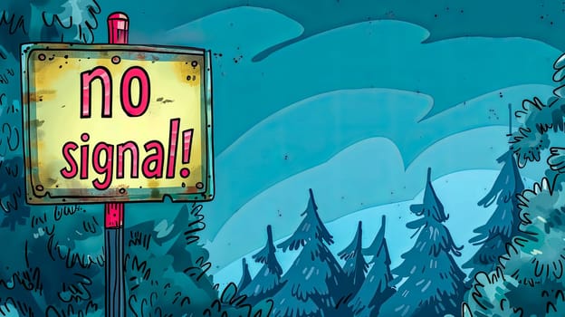 Colorful cartoon of a 'no signal' sign amidst a forested landscape with stylized sky