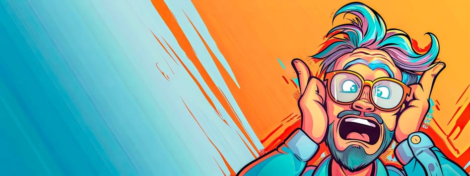 Illustration of a cartoon male character feeling stressed with a vibrant abstract background