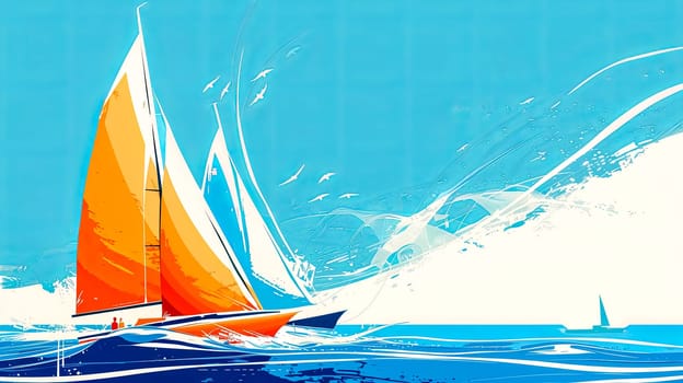 Dynamic and vibrant sailing adventure illustration with abstract sailboat and orange sails navigating the blue water and waves of the sea, surrounded by seagulls and a leisurely summer atmosphere