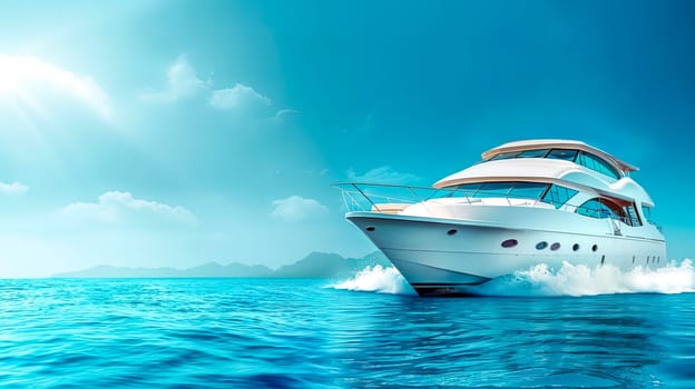 White luxury yacht cruising on the vivid blue ocean with bright sunshine and clear skies