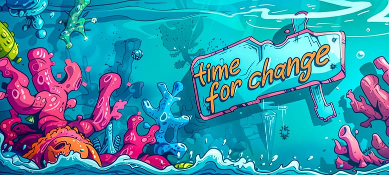 Colorful illustration of an aquatic ecosystem with motivational signage