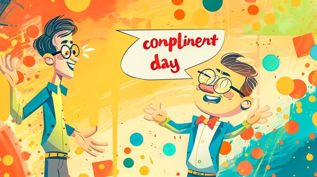 Colorful illustration of two animated characters celebrating national compliment day with joy and excitement
