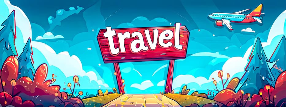 Colorful cartoon landscape with a bold travel sign, airplane, and picturesque road