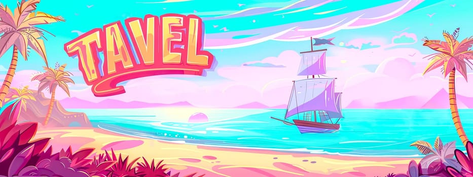 Vibrant cartoon banner depicting a scenic tropical beach with a sailboat, ideal for travel themes