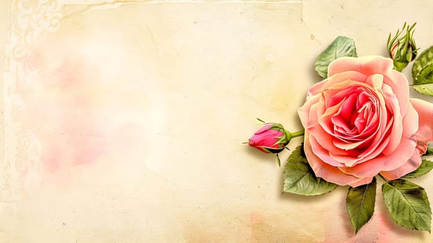 Elegant vintage parchment background adorned with a blooming rose and bud