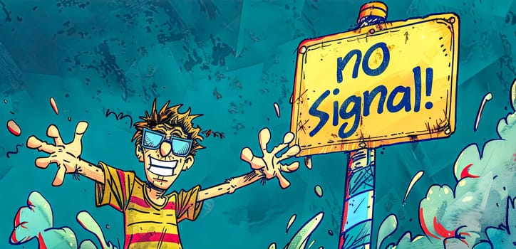 Cartoon illustration of a cool young person next to a no signal sign with paint splashes