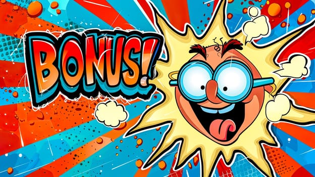 Colorful pop art comic page with a vibrant 'bonus!' burst and a cheerful sun character