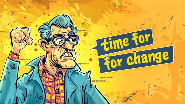 Illustration of an animated, assertive man gesturing with time for change text on a vibrant background